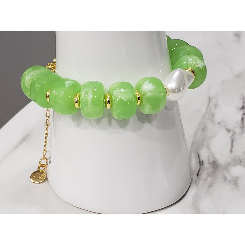 NEW MAYAMAR 24kt Gold Plated Faux Pearl Lime Green Chunky Bracelet